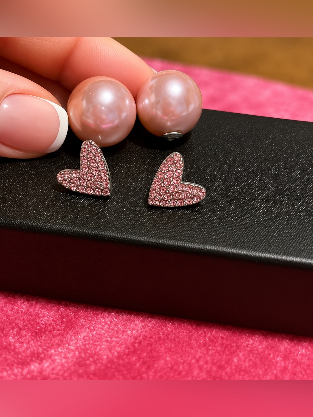 💗 2-in-1 Reversible Pink Pearl & Crystal Heart Earrings 💗